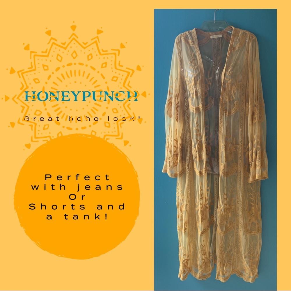 Honey Punch Gold Lace Boho Kimono Duster | Sheer Layering Piece Size L
